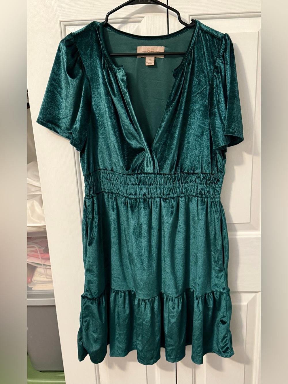 French Connection Emerald Green V-Neck Velvet Midi Dress